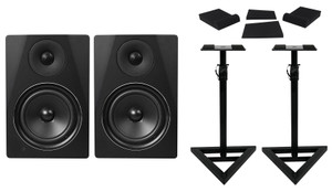 2) Rockville DPM6B Dual Powered 6.5" 420 Watt Active Studio Monitors+Stands+Pads