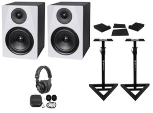 2) Rockville DPM6W 6.5 inch 420w Dual Powered Studio Monitors+Stands+Pads and Headphones