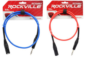 2 Rockville 3' Male REAN XLR to 1/4'' TRS Balanced Cable (Red and Blue)