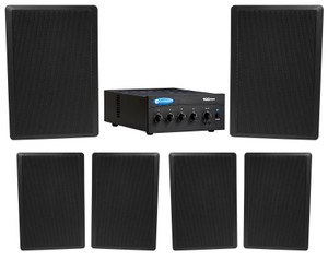 Crown Commercial Amplifier+(6) Slim Black Wall Speakers for Restaurant/Bar/Cafe