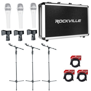 Rockville (3) White Microphones Mics+Case+Stands+Cables For Church Sound Systems