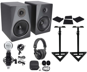 2) Rockville APM8B 8" 500w Powered Studio Monitors+Stands+Pads+Headphones+Mic