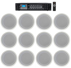 Rockville 6-Zone Amplifier+(12) 8" 2-Way White Ceiling Speakers For Restaurant