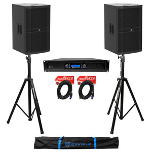 (2) Mackie DRM215-P 15" 1600 Watt DJ PA Speakers+Power Amplifier+Stands+Cables