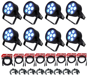 (8) Chauvet DJ SLIMPAR T6 USB Slim Tri-Color LED Wash Lights+DMX Cables+Clamps
