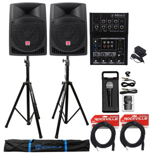 2) Rockville RPG12 12" Active 800w DJ PA Speakers+Mackie Mixer+Stands+Mic+Cables
