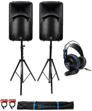 2 Mackie C300Z Compact 12" Passive PA Speakers/Monitors+Stands+Studio Headphones