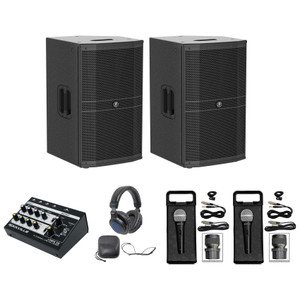 (2) Mackie DRM212-P 12" 1600 Watt DJ PA Speakers+Headphones+(2) Mics+Mixer