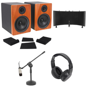 (2) Rockville 5.25" 250w Powered Studio Monitors+Mic+Headphones+Stand+Shield+Pads