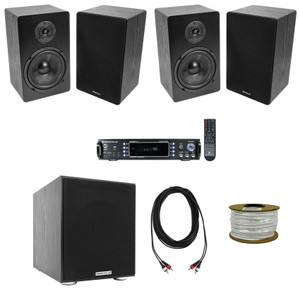 Rockville Bluetooth Home Receiver+(4) 6.5" Bookshelf Speakers+8" Subwoofer Sub + Rockville R14GSBR100 Red/Blk 14 Gauge 100' Ft. Mini Spool Car Audio Speaker Wire