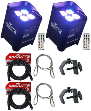 2 Chauvet DJ Freedom Par Quad 4 Wireless Rechargeable Wash Uplights+Cables+Clamps
