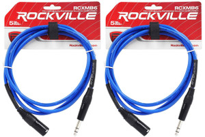 2 Rockville RCXMB6-BL Blue 6' Male REAN XLR to 1/4'' TRS Balanced Cables