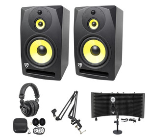 (2) Rockville DPM10B 10 inches 800w Active Studio Monitors+Headphones+Mic+Shield+Stand
