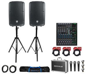(2) Rockville TITAN 12 12" 2000w DJ PA Speakers/Bluetooth+Mackie Mixer+(3) Mics