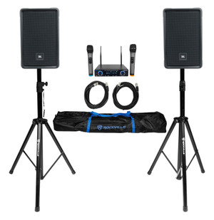 2 JBL IRX108BT 8" 1000w Powered DJ Portable PA Speakers w/ Bluetooth+Stands+Mics