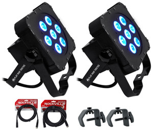 (2) American DJ ADJ Flat Par Tri 7XS Slim Par Can RGB Wash Lights+Clamps+Cables
