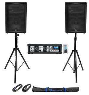 (2) JBL JRX212 1000 Watt 12" DJ PA Speakers+Powered 4-Ch. Mixer+Stands+Cables