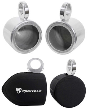 Pair Rockville MAC65S 6.5" Polished Aluminum Wakeboard Tower Speaker Pods+Covers