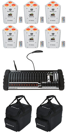 6) Rockville RF WEDGE WHITE RGBWA+UV Wireless DMX Lights+384 Ch. Controller+Bags