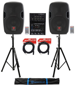 (2) Rockville BPA8 300 Watt 8" Powered Speakers+Mackie Mixer+Stands+Cables+Bag