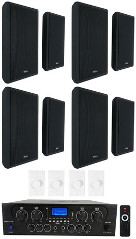 Rockville 4-Room Home Audio Kit Stereo+8) Black Slim Wall Speakers+Wall Controls