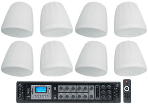 (8) JBL CONTROL 68HP-WH 70v Commercial 8" Hanging White Pendant Speakers+Amp