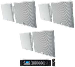 6) JBL SLP12/T-WH White Low-Profile On Wall Mount 3" 70v Commercial Speakers+Amp