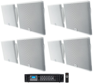 8) JBL SLP12/T-WH White Low-Profile On Wall Mount 3" 70v Commercial Speakers+Amp