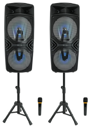 (2) Technical Pro Dual 8" Wireless Linking Rechargeable LED Speakers+Stands+Mics