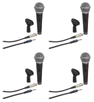 (4) Samson R21S Dynamic Handheld Microphones+Mic Clips+Cables+3.5mm adapters