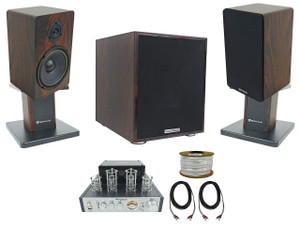  Rockville BluTube Tube Amplifier+Dark Wood Bookshelf Speakers+Stands+8" Sub 
