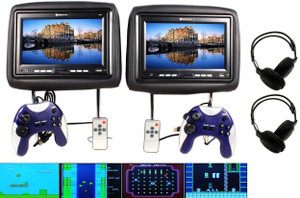 Rockville RHG9 Black Pair 9" Headrest Car Monitors + Built In Games + Headphones
