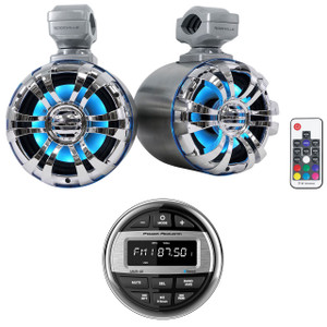  Power Acoustik MMR-4B ATV/UTV Bluetooth Receiver+5.25" Silver LED Tower Speakers 