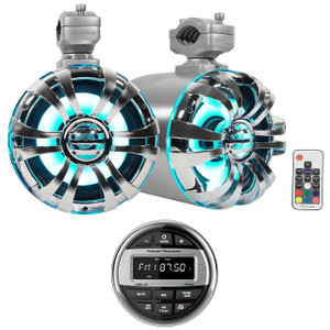  Power Acoustik MMR-4B Marine Bluetooth Receiver+6.5" Silver LED Tower Speakers 