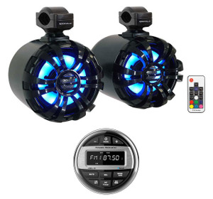 Power Acoustik MMR-4B Marine Bluetooth Receiver+2) 6.5" Black LED Tower Speakers 