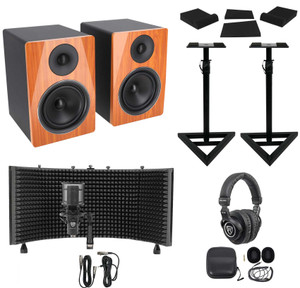 2) Rockville APM6C 6.5" Active Studio Monitors+Stands+Mic+Headphones+Iso Shield
