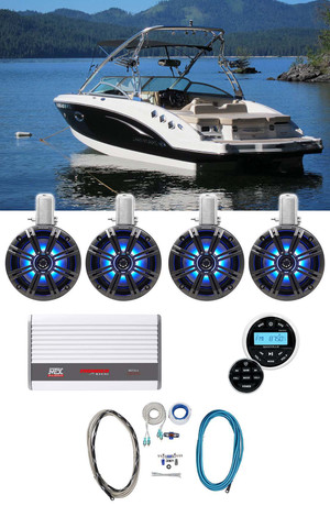 (4) KICKER 45KMTC65 6.5" 780w Marine Wakeboard LED Speakers+MTX Amp+Receiver