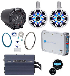 (2) KICKER 45KMTC8W 8" Marine Wakeboard LED Speakers+Sub+Tube+(2) Amps+Receiver
