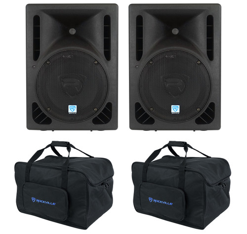 2) Rockville RPG10BT 10" Bluetooth 1200w DJ PA Speakers+Weather proof Carry Bags