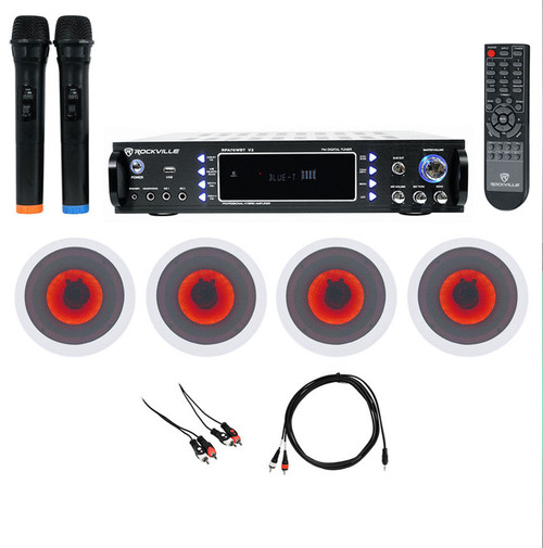 Rockville Bluetooth Karaoke Amplifier Receiver+4) 6.5" LED Ceiling Speakers+Mics