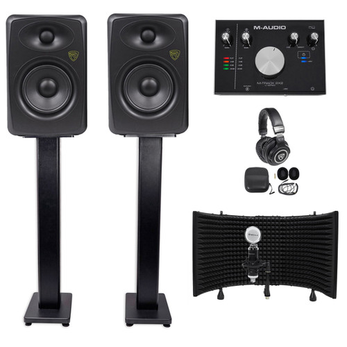 2) Rockville ASM5 5" Studio Monitors+36" Stands+Pads+Mic+Shield+Headphones