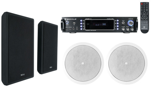 Home Theater Receiver w/ Bluetooth+(2) JBL Ceiling+(2) Black Slim Wall Speakers