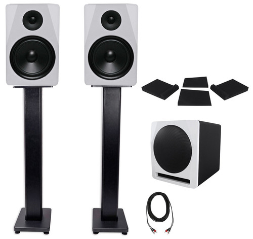 2) Rockville APM8W 8" Powered Studio Monitors+Active 10" Subwoofer+Stands+Pads