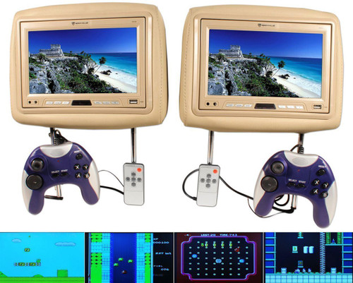 Rockville RHG9 Beige/Tan Pair 9" Headrest Car Monitors Package w/ 29 Video Games
