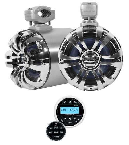 2 Rockville WB65 6.5" 600w Metal Marine Wakeboard Swivel Tower Speakers+Receiver