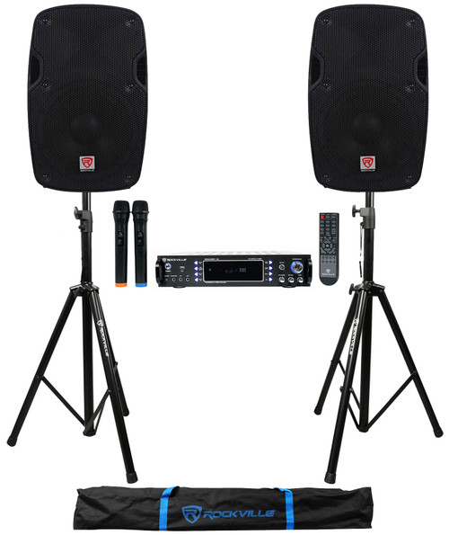 Rockville  Bluetooth Karaoke Amplifier/Mixer(2) VHF Mics+(2) 8" Speakers+Stands