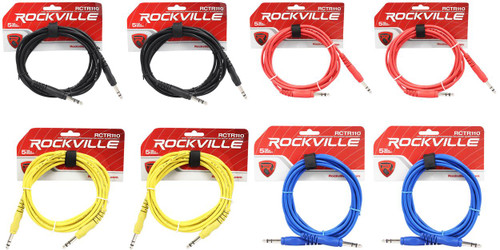 8 Rockville 10' 1/4'' TRS to 1/4'' TRS Cable 100% Copper (4 Colors x 2 of Each)