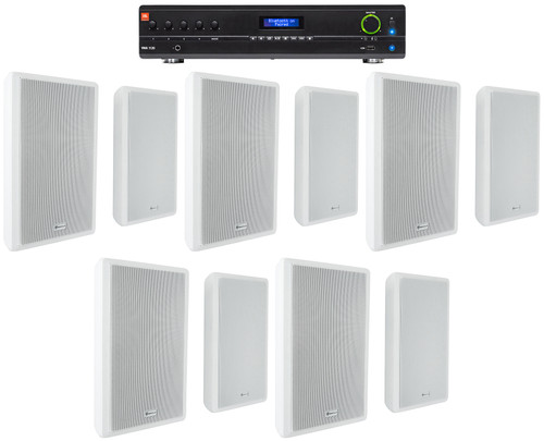 JBL Commercial Amplifier+(10) Slim White Wall Speakers for Restaurant/Bar/Cafe