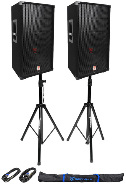 (2) Rockville RSG12 12” 3-Way 1000 Watt 8 Ohm Passive DJ PA Speaker +Stands +Cables