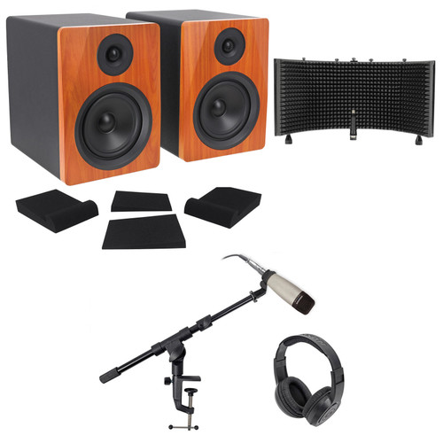 2) Rockville 5.25" 250w Active Studio Monitors+Mic+Headphones+Stand+Shield+Pads